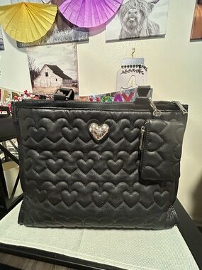 Betsey Johnson Large Black Quilted Heart Laptop Tote with Coin Credit Card Purse